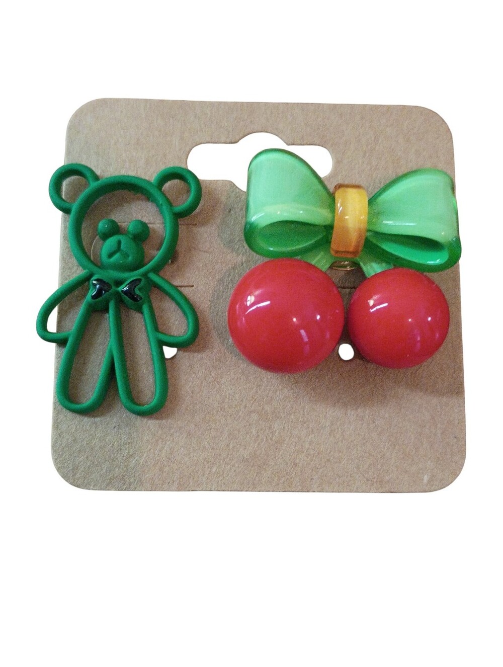 Cute Bear & Cherry Earrings- Green Bow, Red Cherries
